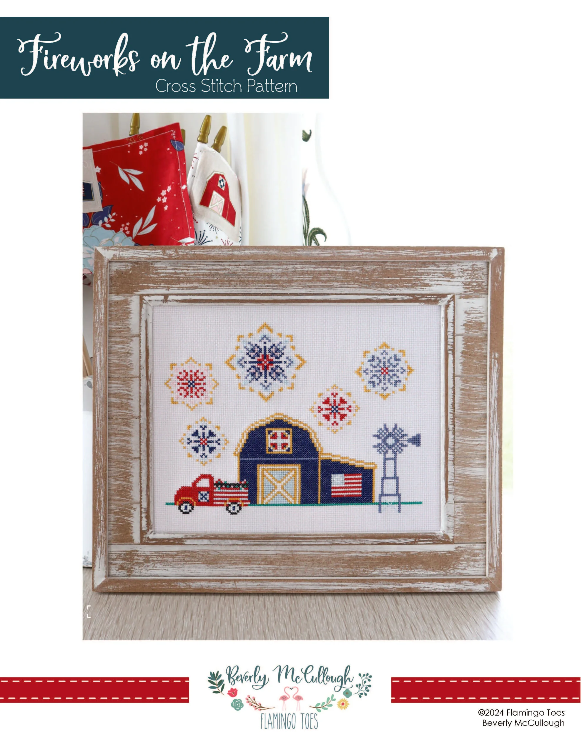 Fireworks on the Farm patriotic farmhouse cross stitch pattern with barn truck and fireworks