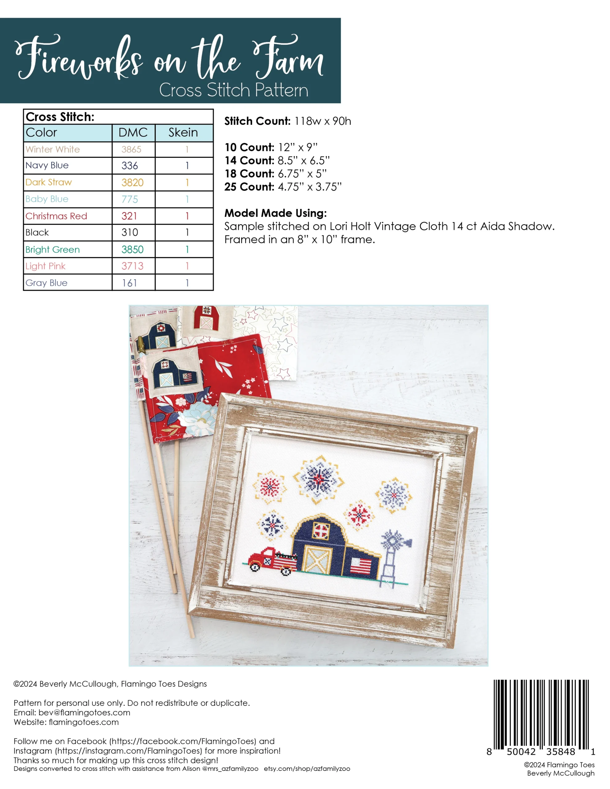 Fireworks on the Farm patriotic farmhouse cross stitch pattern with barn truck and fireworks