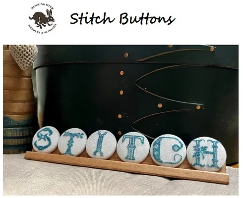 Stitch Buttons cross stitch pattern with round stitched finishes spelling STITCH
