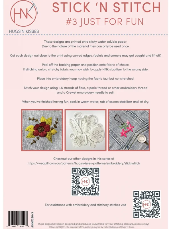 Stick N Stitch Just for Fun Collection Stick N Stitch Just for Fun water soluble embroidery transfer designs
