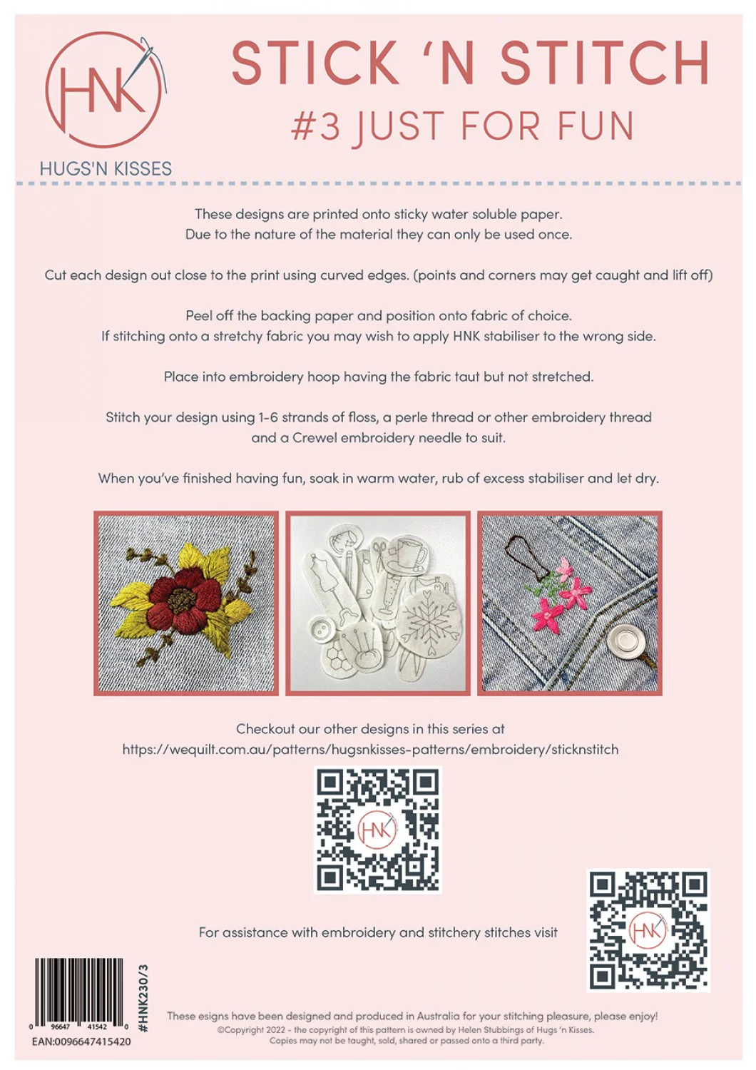 Stick N Stitch Just for Fun water soluble embroidery transfer designs