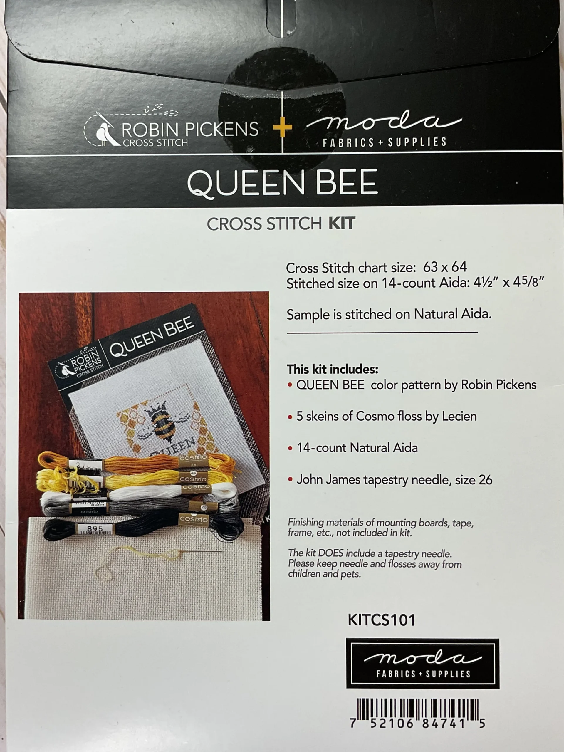 Queen Bee cross stitch kit by Robin Pickens with bee themed design