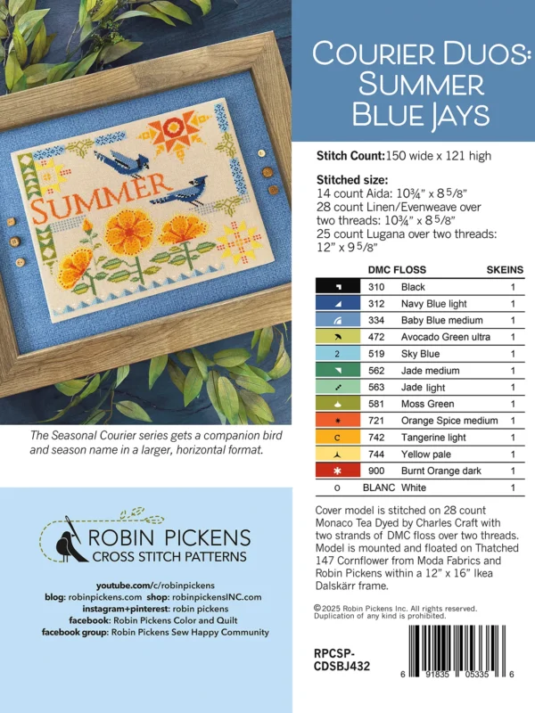 Courier Duos: Summer Blue Jays Summer Blue Jays Cross Stitch Pattern by Robin Pickens