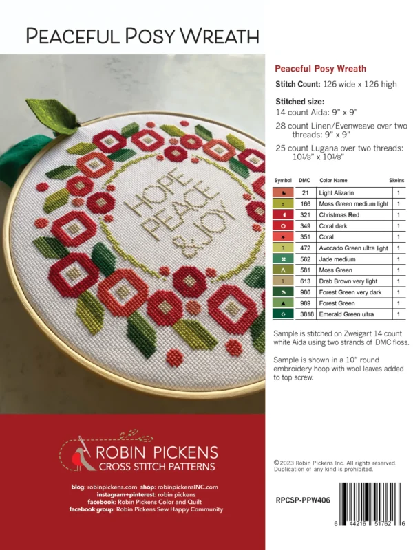 PEACEFUL POSY WREATH Cross Stitch Printed Pattern Booklet Peaceful Posy Wreath Cross Stitch Pattern by Robin Pickens