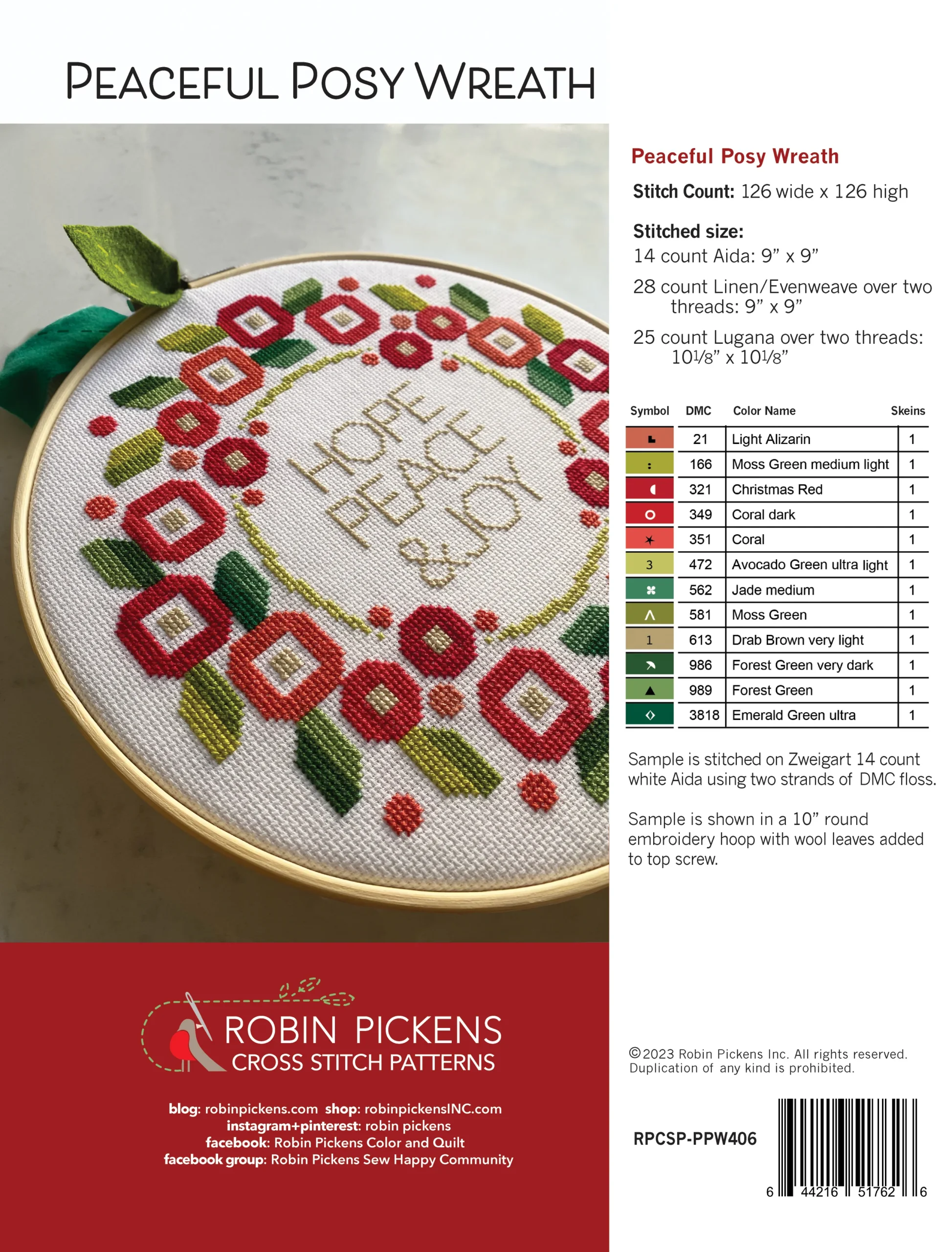 Peaceful Posy Wreath Cross Stitch Pattern by Robin Pickens
