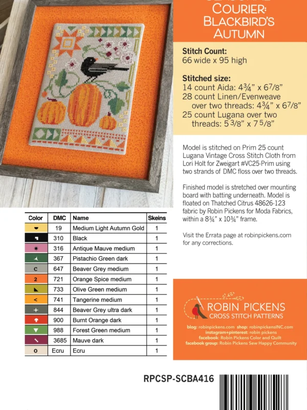Seasonal Courier: Blackbird’s Autumn Cross Stitch Printed Pattern Blackbird Autumn Cross Stitch Pattern by Robin Pickens