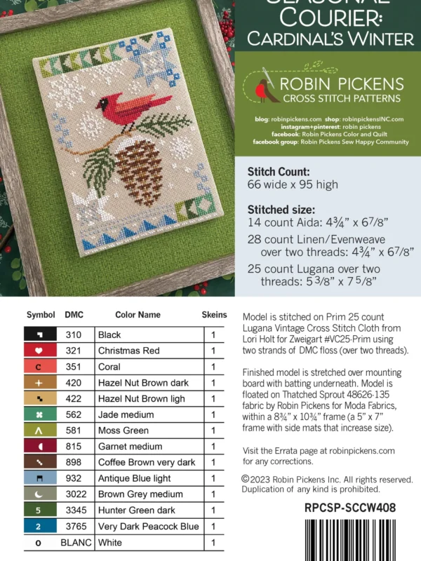 Seasonal Courier: Cardinal’s Winter Cross Stitch Printed Pattern Cardinal Winter Cross Stitch Pattern by Robin Pickens