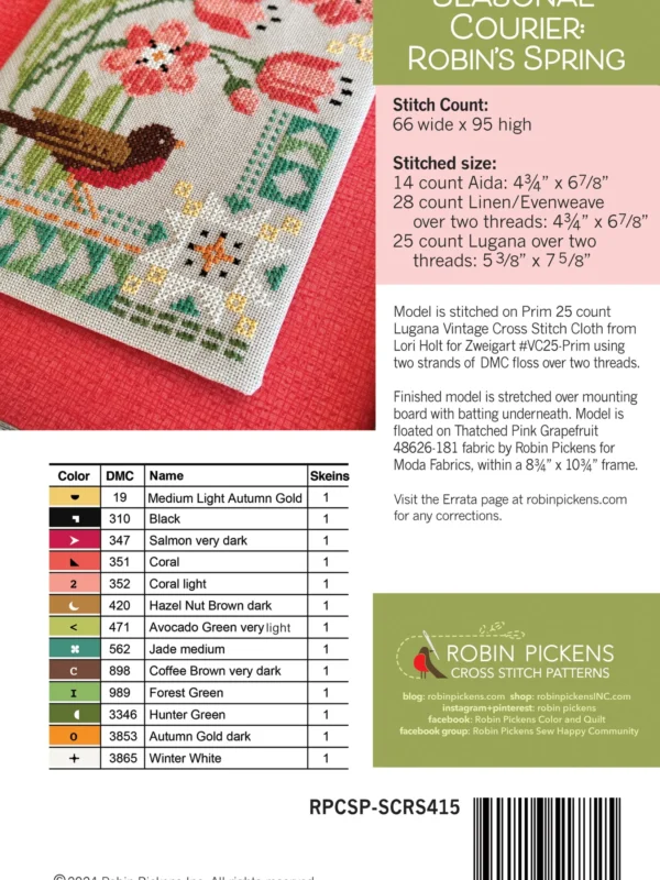 Seasonal Courier: Robin’s Spring Cross Stitch Printed Pattern Robin Spring Cross Stitch Pattern by Robin Pickens