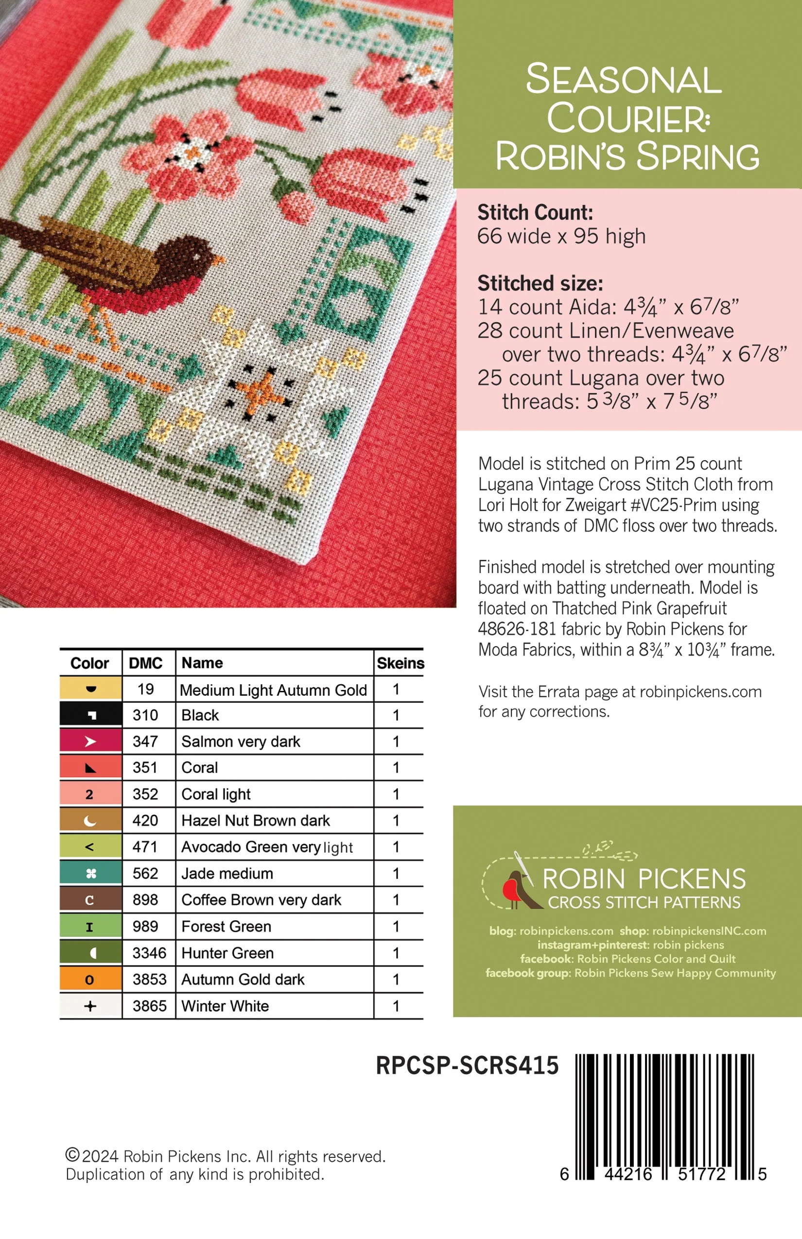 Robin Spring Cross Stitch Pattern by Robin Pickens