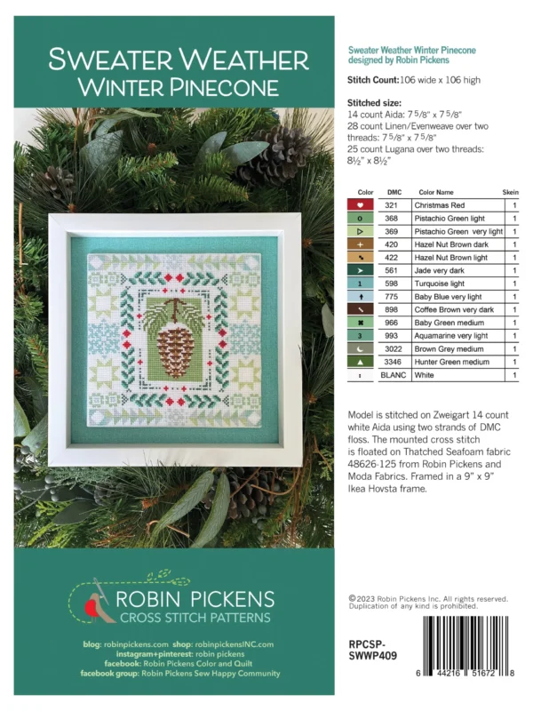 Sweater Weather Winter Pinecone Cross Stitch PRINTED Pattern Winter Pinecone Cross Stitch Pattern by Robin Pickens