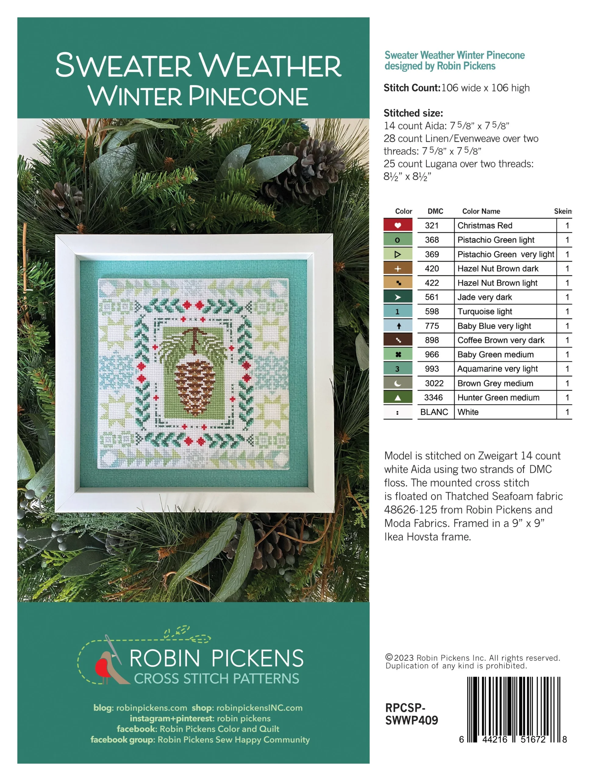 Winter Pinecone Cross Stitch Pattern by Robin Pickens