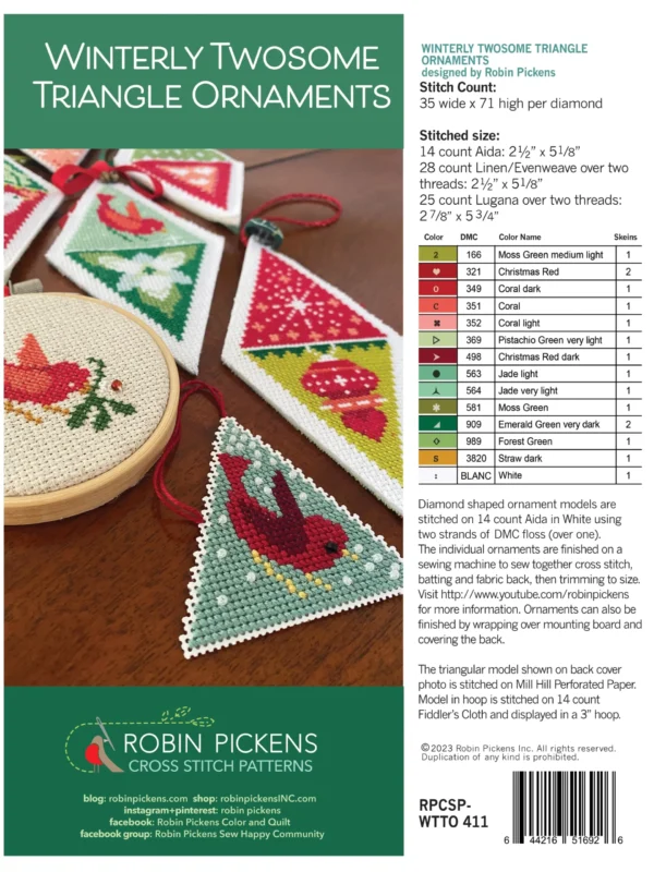 Winterly Twosome Triangle Ornaments Cross Stitch Printed Pattern Booklet Winter Triangle Ornament Cross Stitch Pattern by Robin Pickens