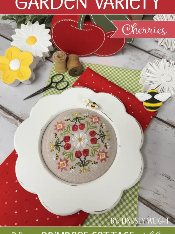 Garden Variety cherries round cross stitch pattern by Primrose Cottage