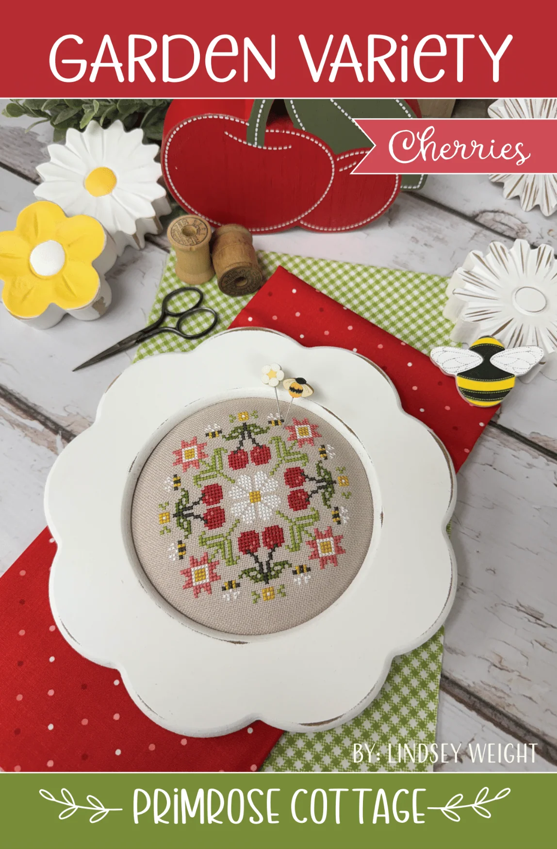 Garden Variety cherries round cross stitch pattern by Primrose Cottage