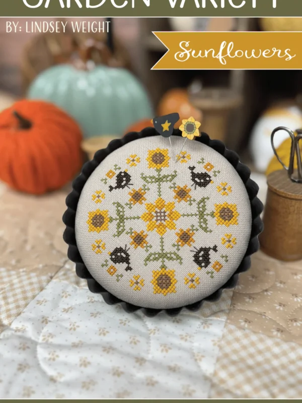 Garden Variety sunflowers round cross stitch pattern by Primrose Cottage