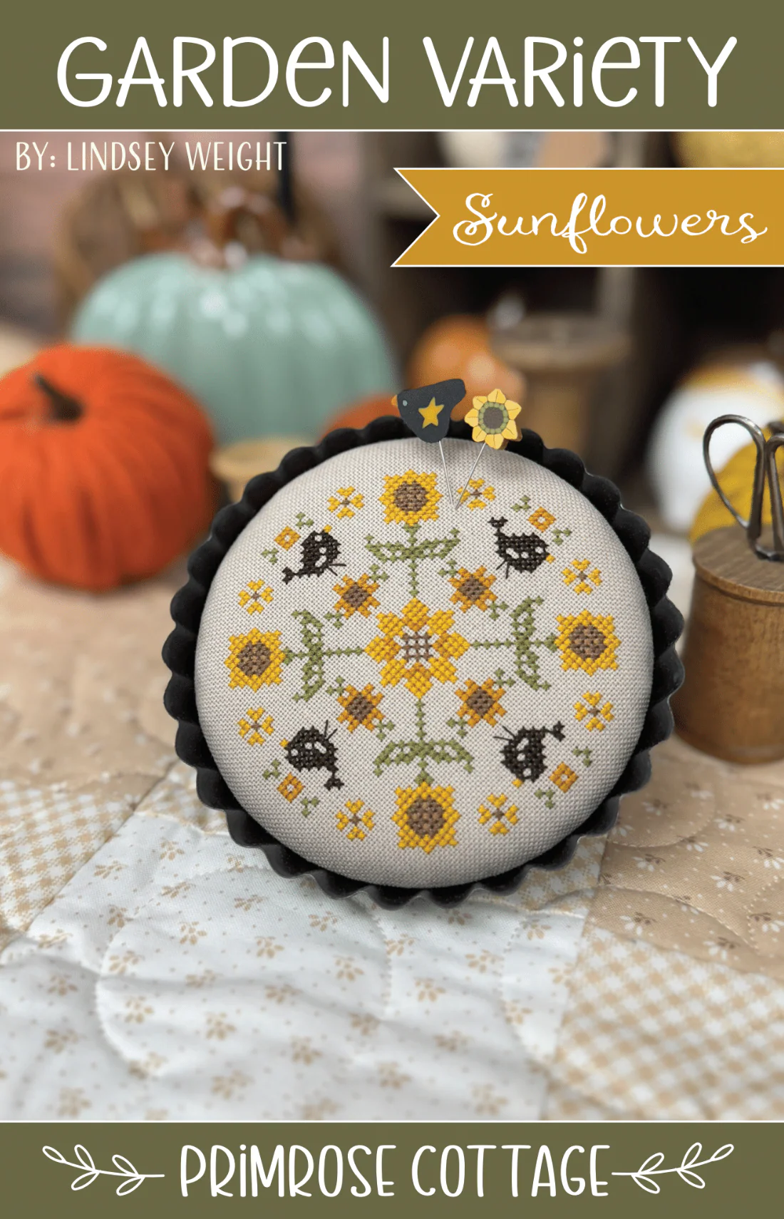 Garden Variety sunflowers round cross stitch pattern by Primrose Cottage