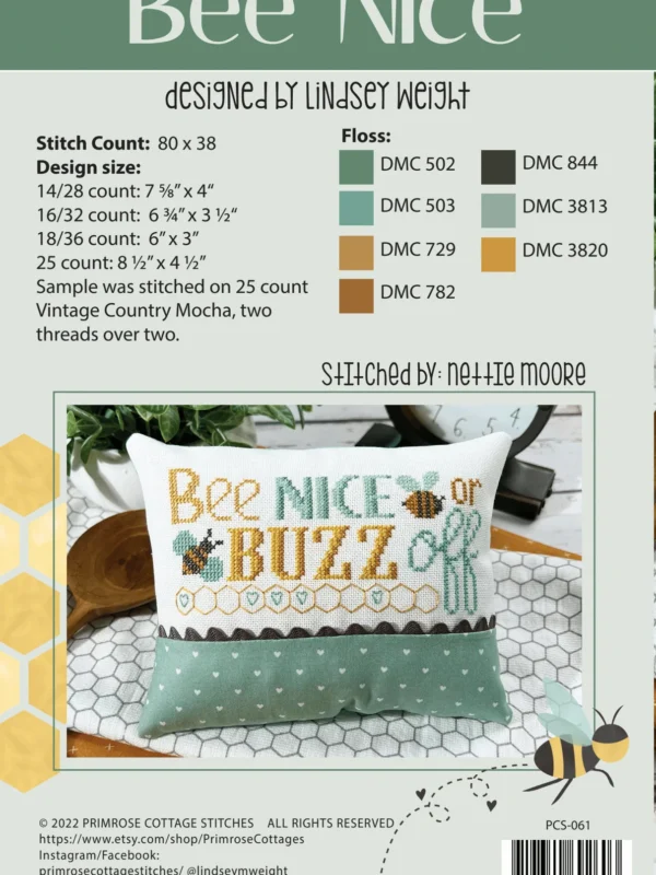 Bee Nice Cross Stitch Pattern Bee Nice Cross Stitch Pattern by Primrose Cottage