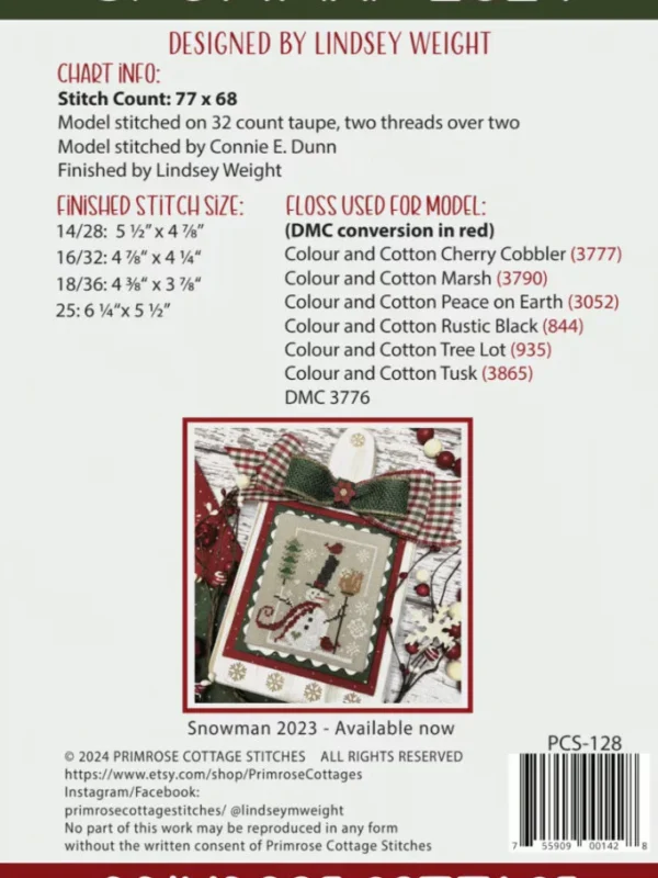 Snowman 2024 Cross Stitch Pattern by Primrose Cottage