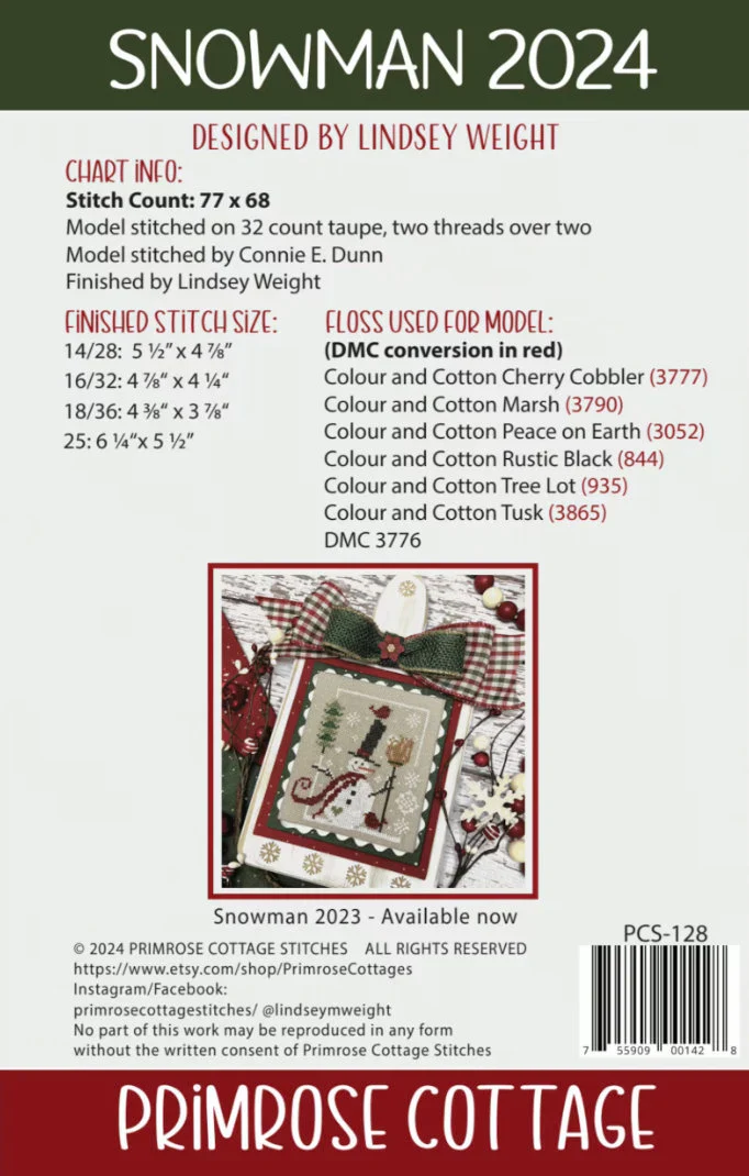 Snowman 2024 Cross Stitch Pattern by Primrose Cottage