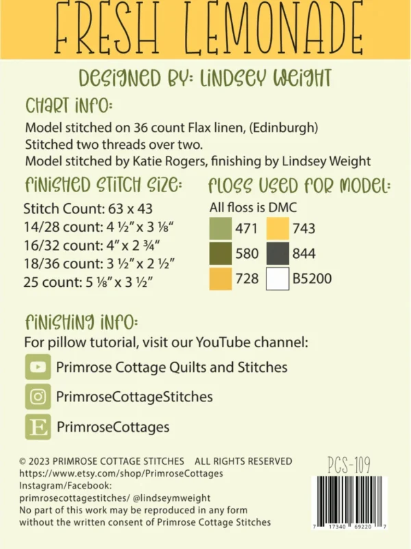 Fresh Lemonade Cross Stitch Pattern Fresh Lemonade Cross Stitch Pattern by Primrose Cottage