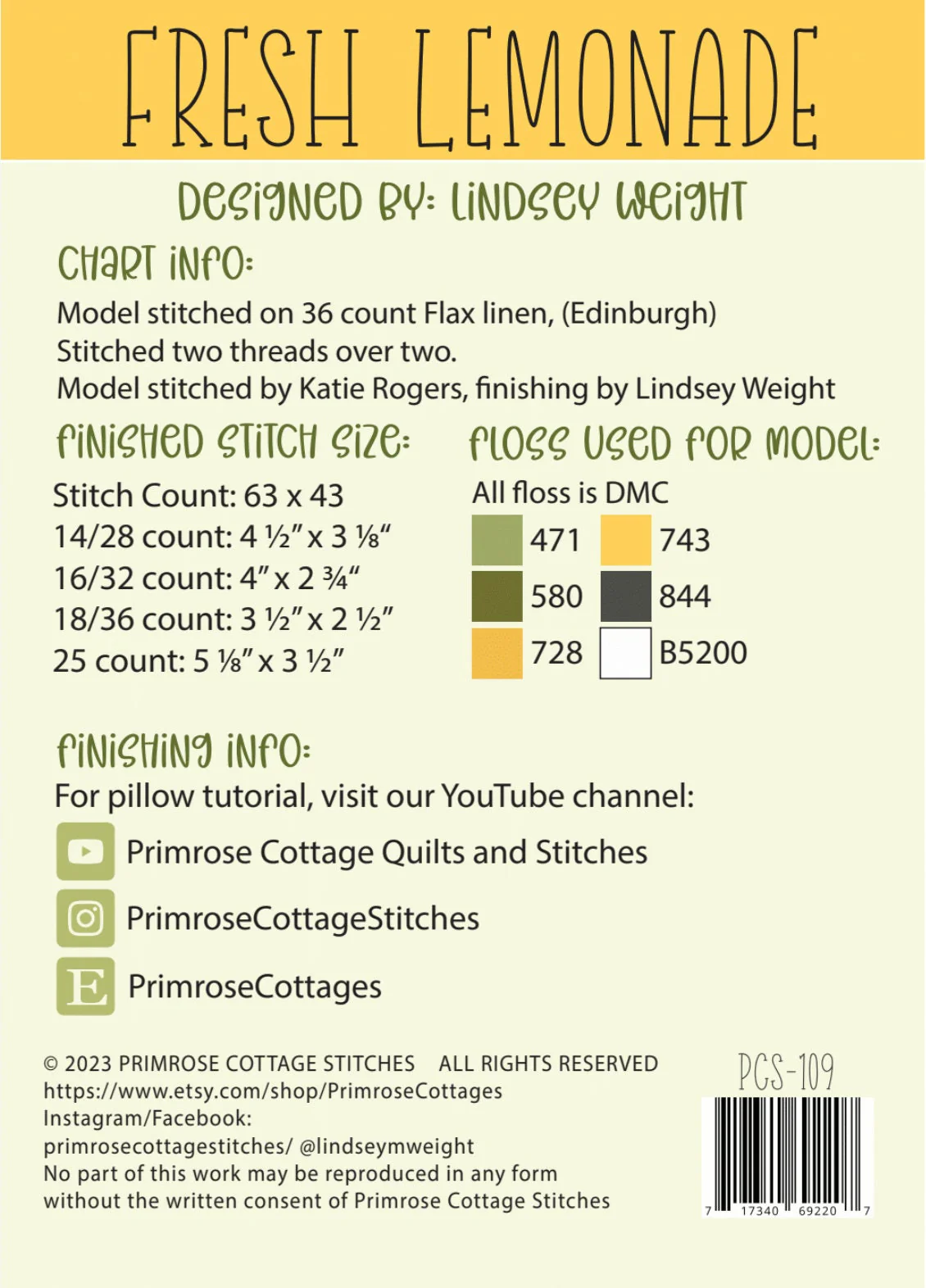 Fresh Lemonade Cross Stitch Pattern by Primrose Cottage