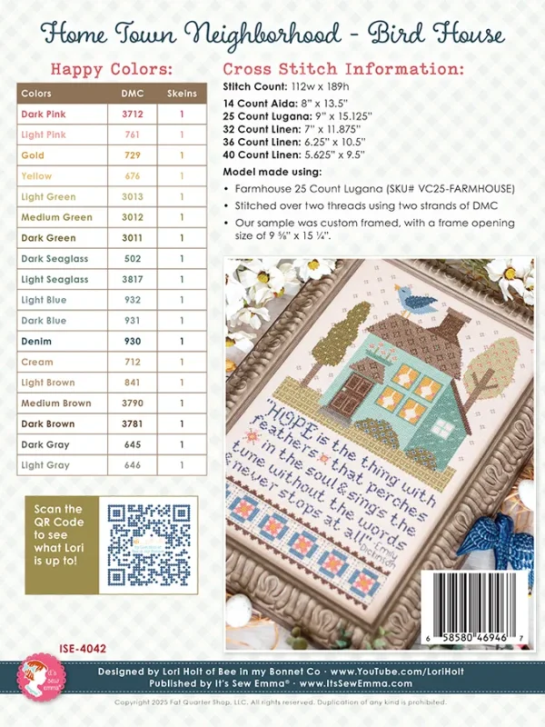 Home Town Neighborhood - Bird House cross stitch pattern back