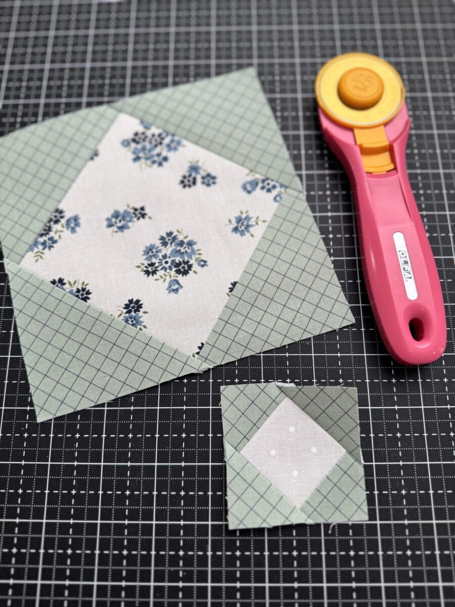 Two square-in-a-square quilt blocks in different finished sizes displayed side by side