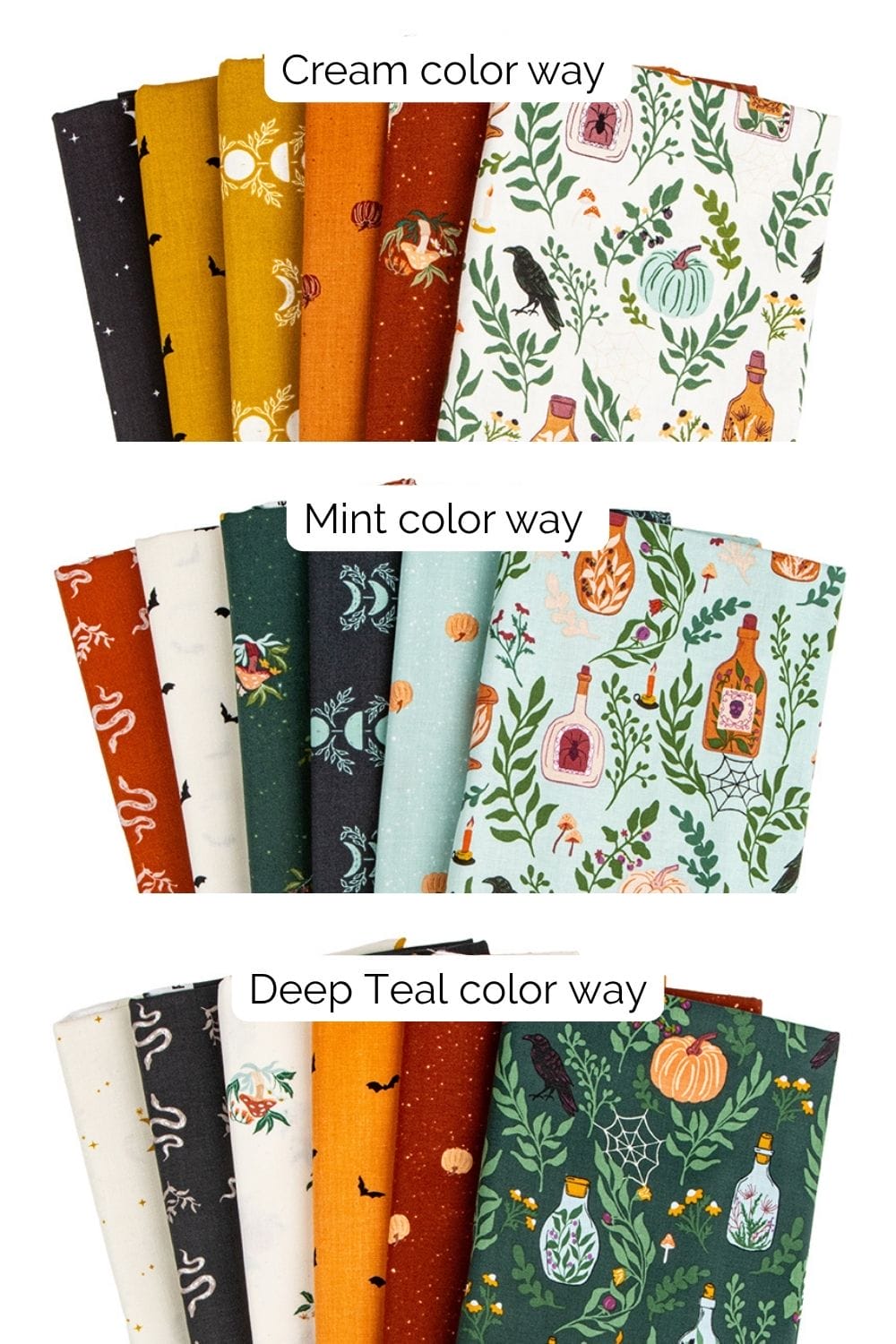 Apothecary Petite Fat Quarter Bundles in Cream Deep Teal and Mint colorways by Alderwood Studio