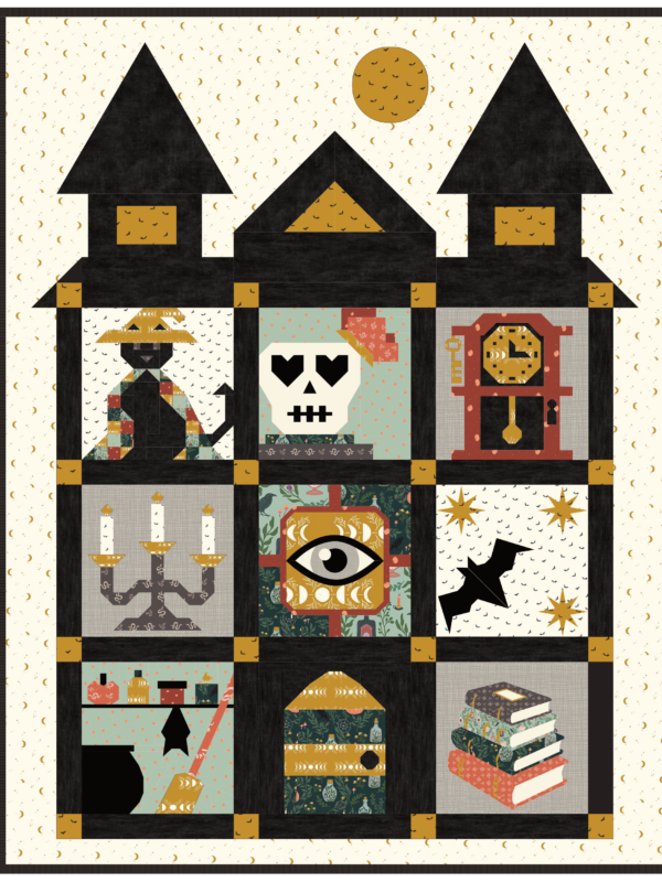 The Forgotten Rooms Quilt Along cover quilt mockup featuring The Apothecary fabric collection by Amber Elliot of Alderwood Studios with rich Halloween-inspired prints and moody autumn colors.