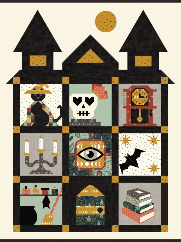 The Forgotten Rooms Quilt Along mockup featuring The Apothecary fabric collection paired with a dramatic solid background fabric.