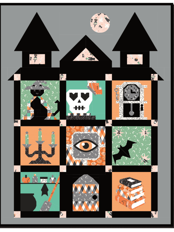 The Forgotten Rooms Quilt Along mockup featuring Frank and Friends Halloween fabrics with a solid background and playful spooky colors.