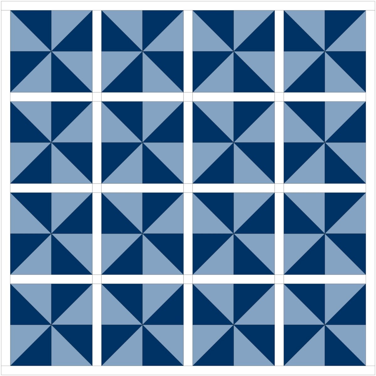 Inverted color pinwheel quilt layout with sashing between blocks