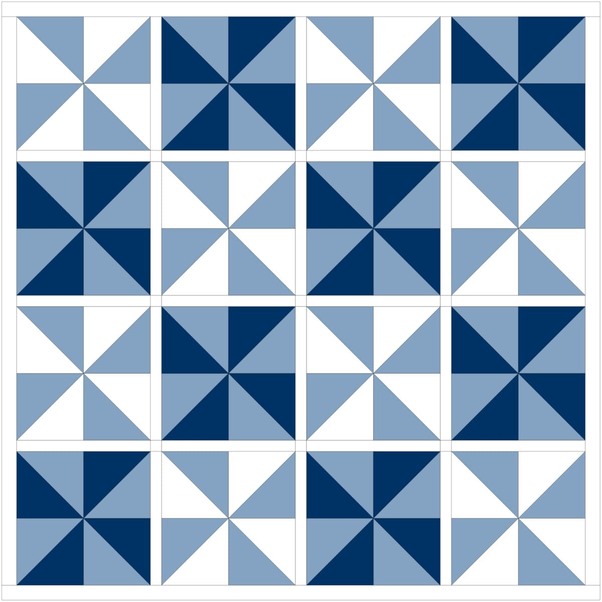 Pinwheel quilt layout with sashing separating alternating pinwheel blocks