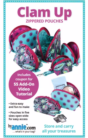 By Annie Clam Up zipper pouch pattern in multiple sizes nested together