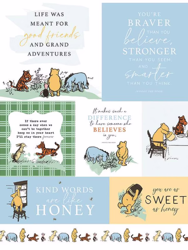 Winnie the Pooh fabric panel by Echo Park for Riley Blake Designs featuring patchwork scenes and text, size 35.5 x 43 inches.