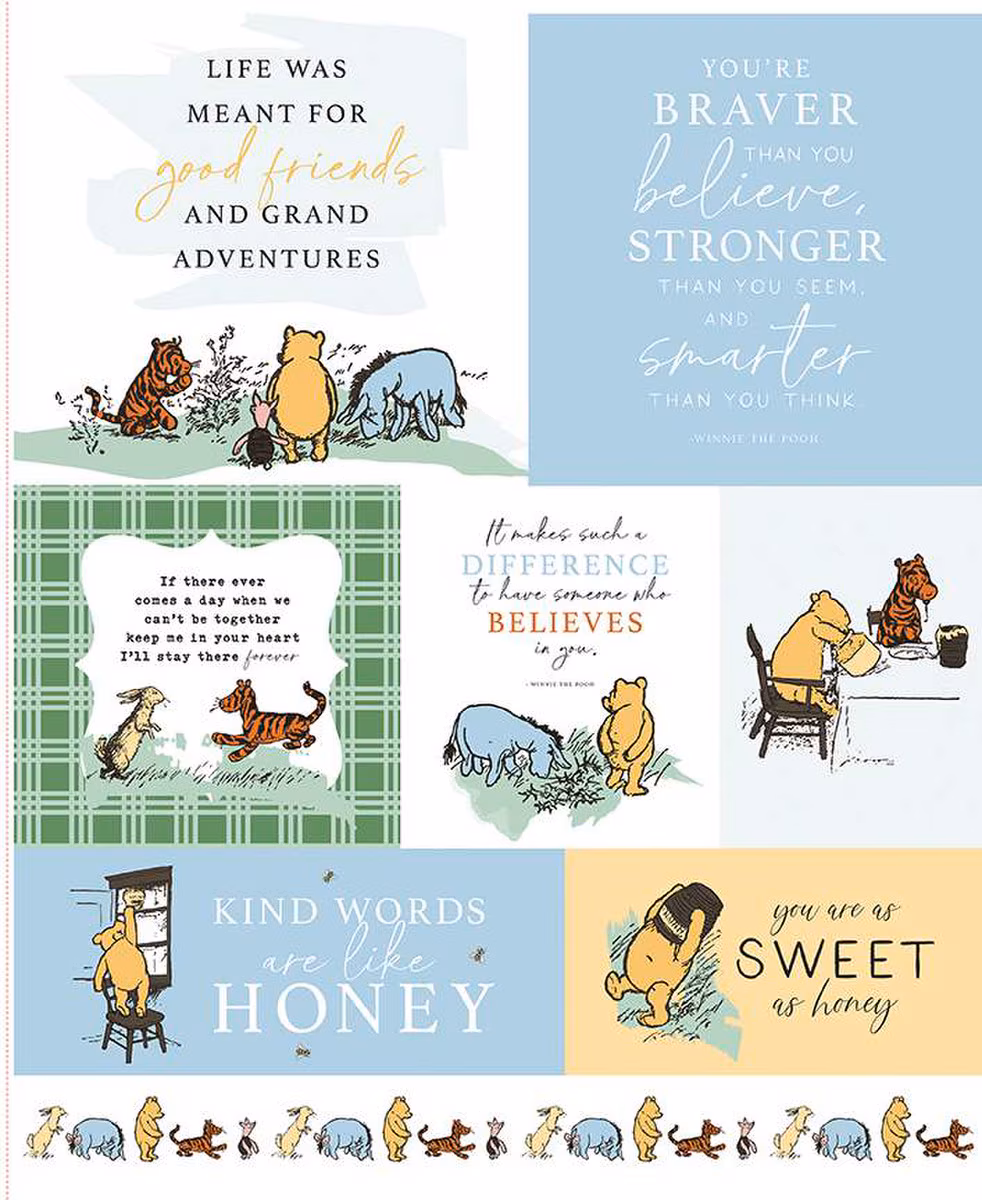 https://treelinequilting.com/product/morning-latte-fat-quarter-bundle/ Winnie the Pooh fabric panel by Echo Park for Riley Blake Designs featuring patchwork scenes and text, size 35.5 x 43 inches.