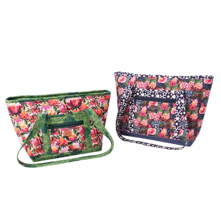 Two Little Totes Pattern featuring instructions for small and medium tote bags with pockets, reinforced bases, and zipper closures.