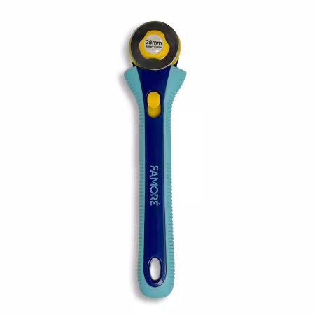 Famore 28mm rotary cutter with ergonomic handle and precision rotary blade, ideal for appliqué, curved seams, and detailed quilting cuts.
