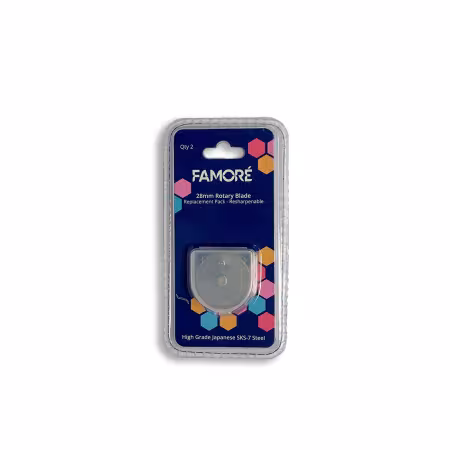 Famore 28mm rotary blade replacement 2-pack made of SKS-7 Japanese steel with double-honed edges, compatible with all major rotary cutters.