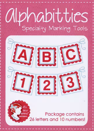 Pink Alphabitties. Plastic tile marking tools with 26 letters and 10 numbers