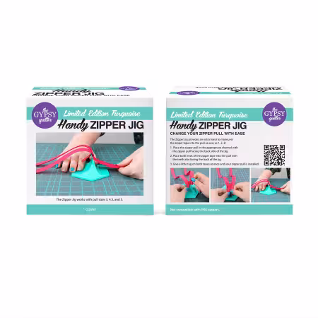 Limited Edition Gypsy Turquoise Zipper Jig by The Gypsy Quilter, tool for installing zipper pulls on #3, #4.5, and #5 zipper tape.