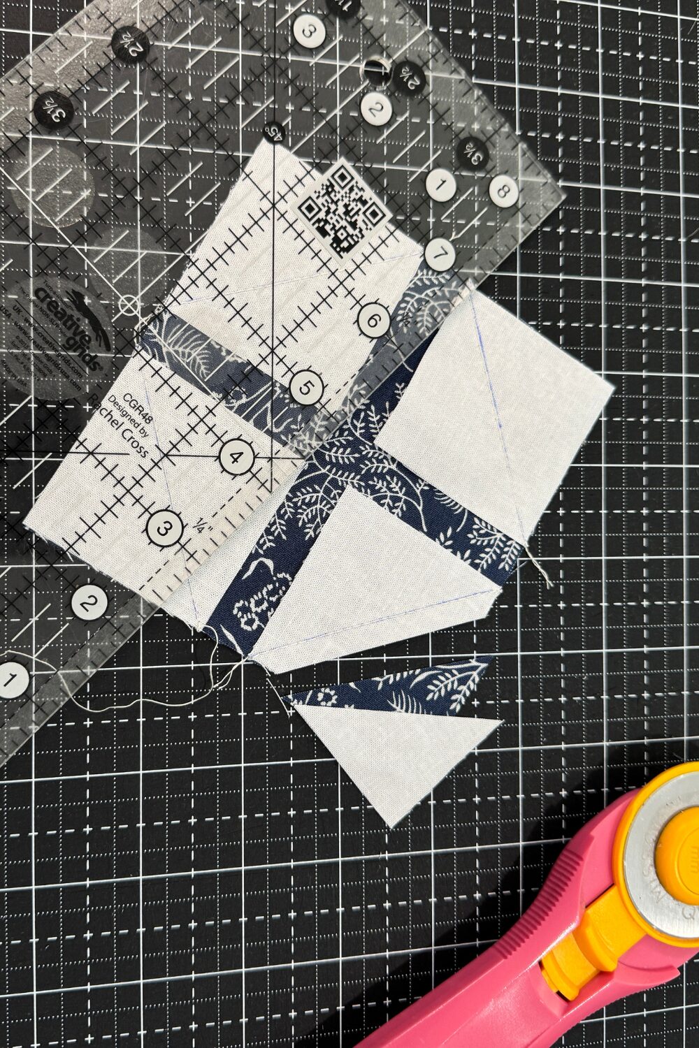 Trimming corners from sew and flip corners for a snowball block