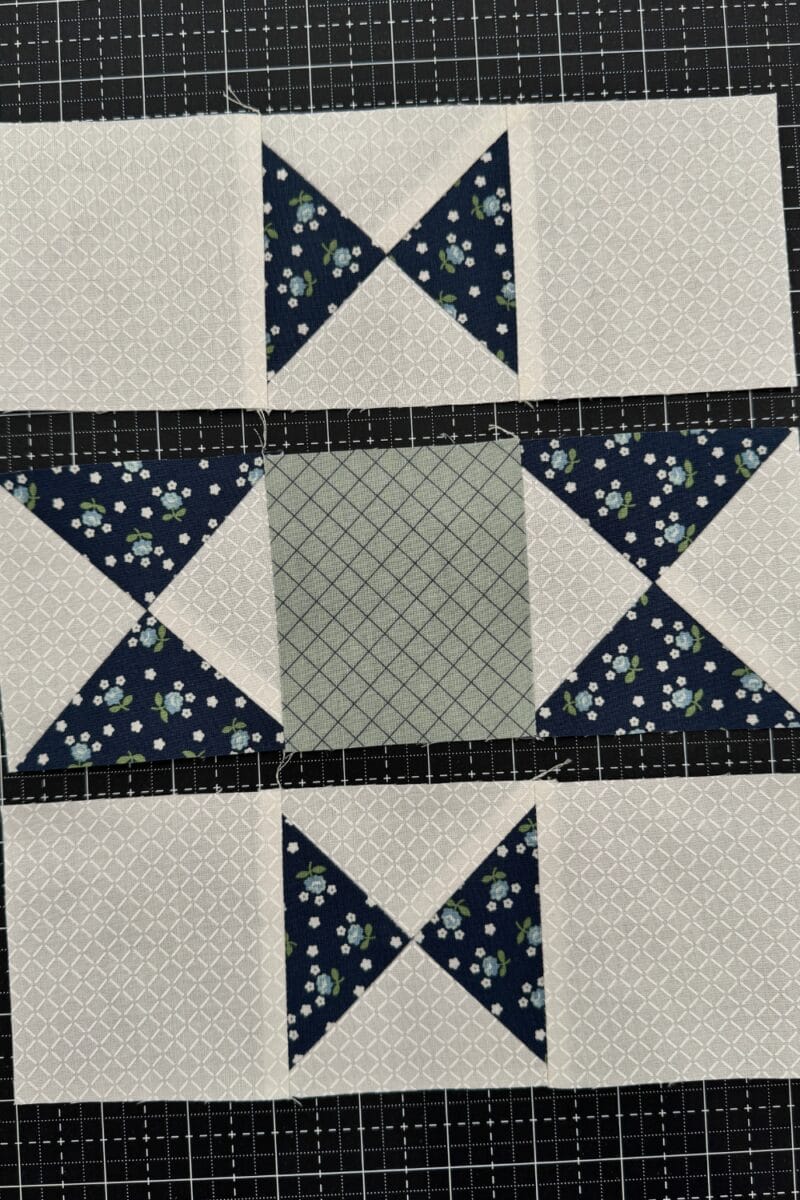 Ohio Star quilt block units sewn into rows.  