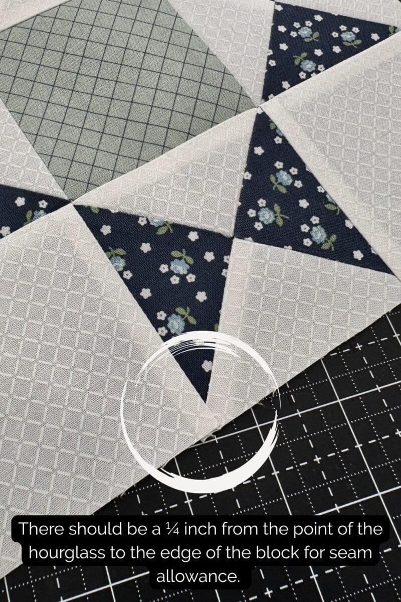 Close up of a point from the hourglass unit and text indicating that there should be a 1/4" between the point of the hourglass and the edge of the block to allow for seam allowance when sewing the block into the finished quilt.  