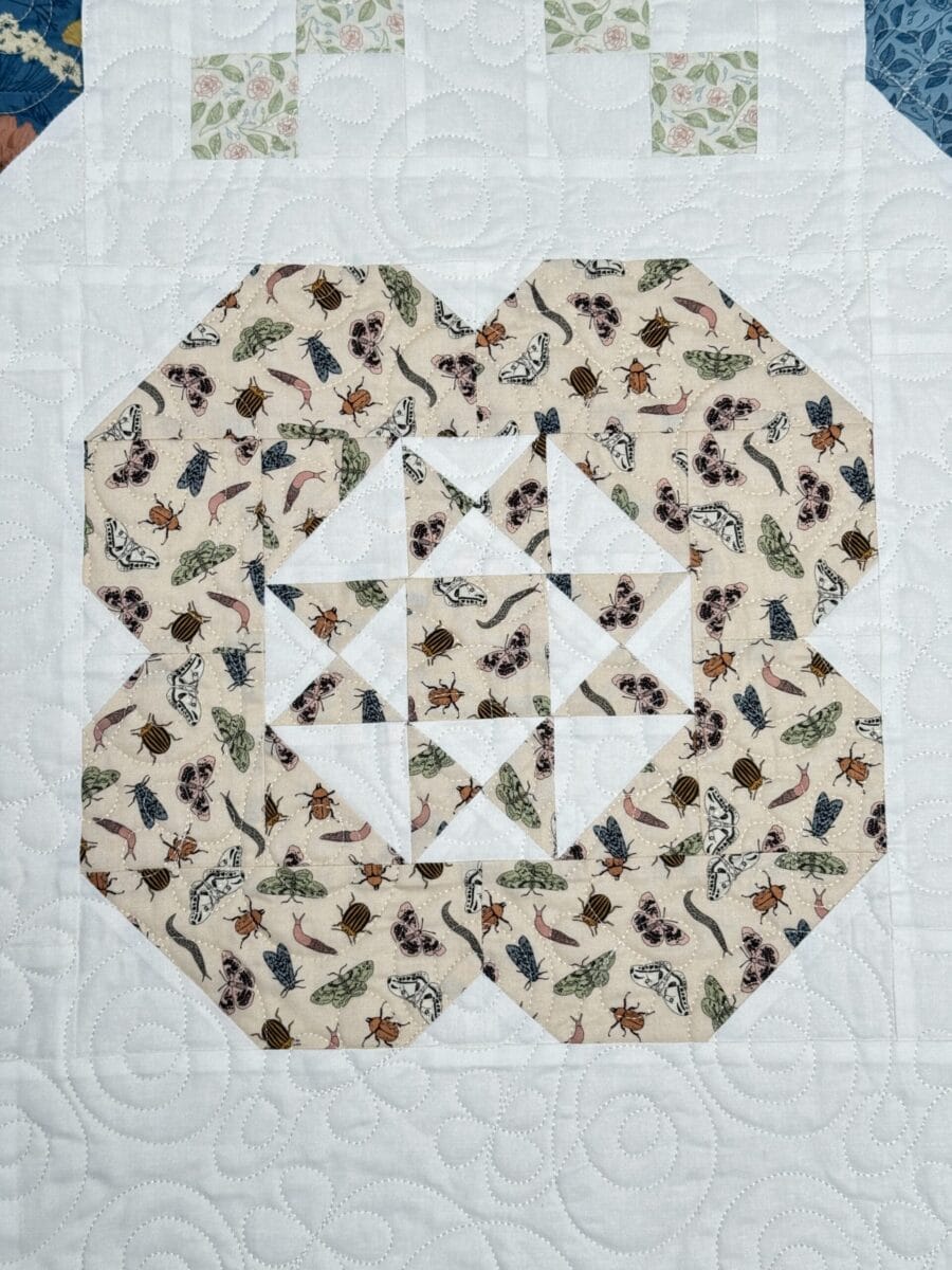 Close-up of a Gardenia flower block featuring a Petalush bug print