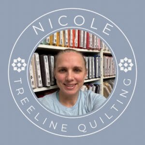 Treeline quilting circle logo with a photo of Nicole on a backdrop of fabric bolts on a shelf.